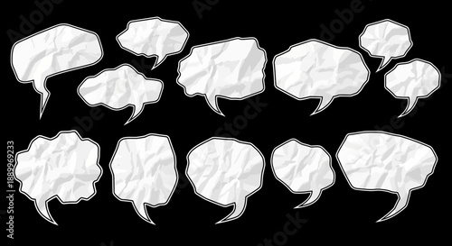 Collection of Crumpled Paper Speech Bubbles, Comic Style, Isolated on Black Background