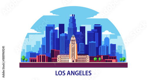 Los Angeles Skyline Vector Illustration in Flat Design Style, Representing Modern Urban Architecture and Cityscape