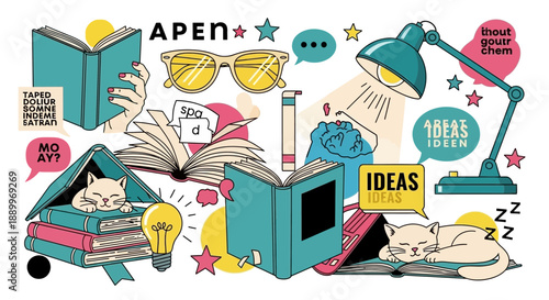 Creative Collage of Reading, Ideas, Cats, and Desk Lamp for Study and Inspiration