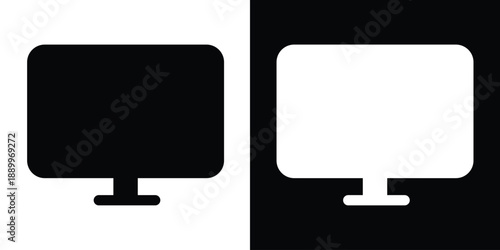 Modern flat vector icon of a computer monitor or television screen. Minimalist black and white display symbols for digital hardware, electronics, and media interface design.