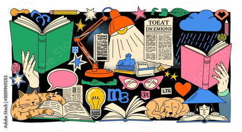 Creative Collage of Reading and Learning Elements, Cozy Lifestyle and Education Concept