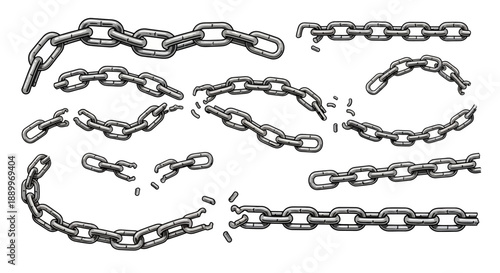 Collection of Broken and Intact Metal Chain Links, Graphic Elements
