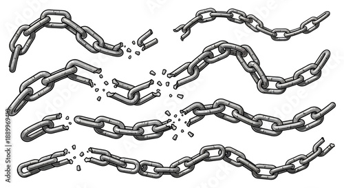 Collection of broken chain links with scattered pieces, symbolizing separation and freedom