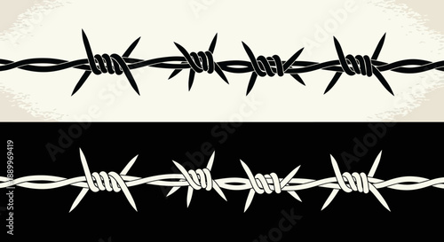 Close-up of barbed wire fence, symbolizing protection and boundaries, in two color schemes.