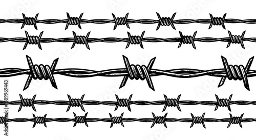 Seamless Pattern of Barbed Wire Fencing with Sharp Spikes on White Background