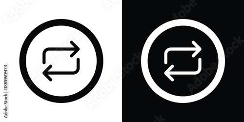 Circular refresh or repeat icon featuring two horizontal arrows. Minimalist outline symbol for synchronization, loop, replay, and data exchange in user interface design.