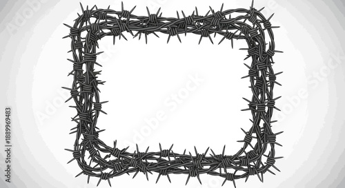 Rectangular Frame Made of Barbed Wire with Sharp Spikes, Isolated on White