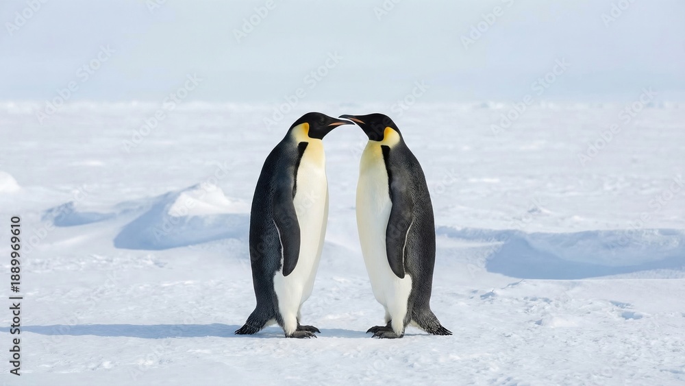 Fototapeta premium Two emperor penguin standing nose-to-nose on cold snow. Romantic animal couple as symbol for love for Valentine?s Day greeting card.