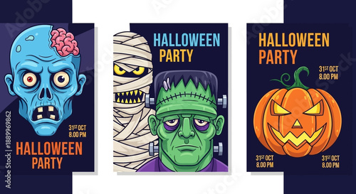 Halloween Party Posters Featuring Scary Monsters and Jack-o'-Lantern
