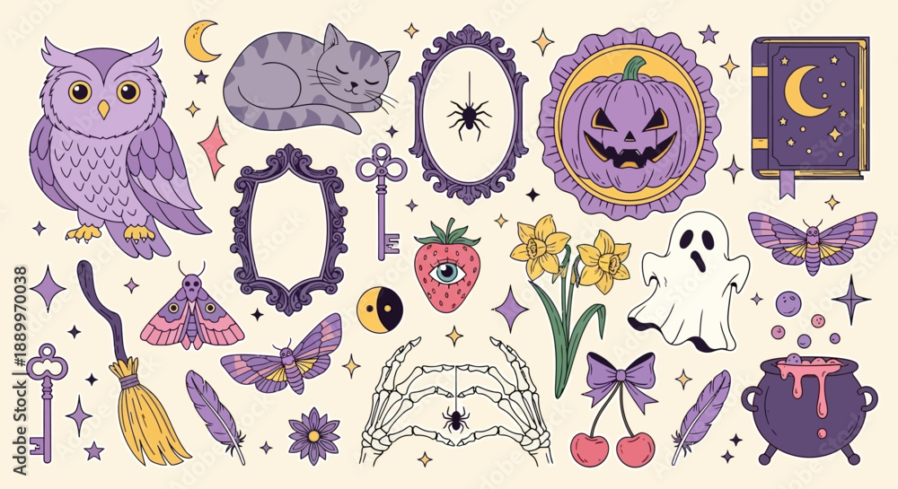 Fototapeta premium Whimsical Halloween Icons: Owl, Cat, Ghost, Pumpkin, and Witchy Elements Collection