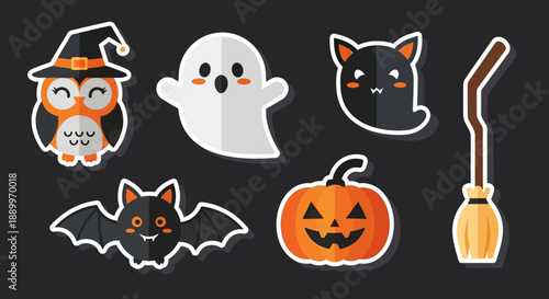 Cute Halloween Stickers: Owl, Ghost, Bat, Cat, Pumpkin, and Broom
