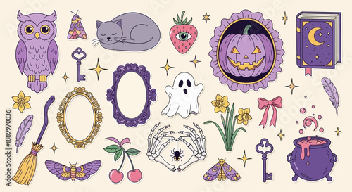 Whimsical Halloween and Witchy Elements Collection - Cute Kawaii Style