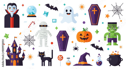 Vibrant Halloween Collection: Dracula, Ghost, Mummy, Pumpkin, Castle, and More