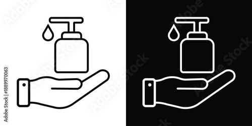 Line art icon of a hand receiving soap or sanitizer from a pump bottle. Health and hygiene symbol representing hand washing, skincare, and liquid soap dispensing.