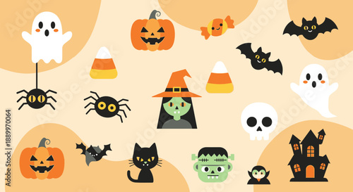 Halloween Party Fun: Cute Ghosts, Pumpkins, Bats, Witch, and Monsters Collection