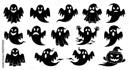 Collection of Spooky Black Ghost Illustrations for Halloween Decorations and Designs