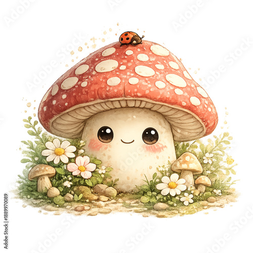 Kawaii mushroom surrounded by flowers and sparkles