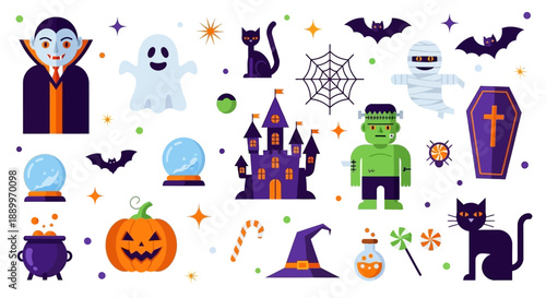 Vibrant Halloween Collection: Dracula, Ghost, Castle, Pumpkin, and Spooky Icons