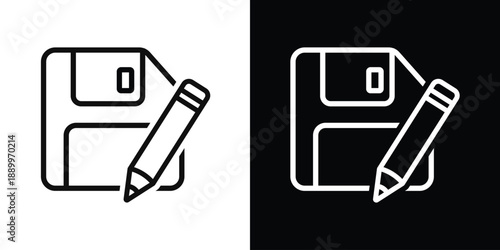 Floppy disk save icon combined with a pencil editing symbol. Vintage storage media icon representing data saving, file management, and document editing tasks.