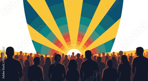 Diverse Crowd Silhouettes Watching a Radiant Sunrise with Abstract Rays of Light