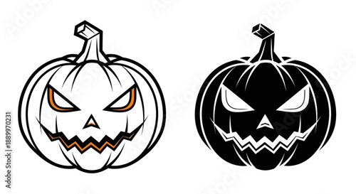 Scary Halloween Jack-o-Lantern Face Vector Illustration in Black and White and Orange