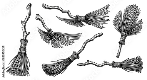 Collection of Six Witch Brooms with Wooden Handles and Straw Brushes