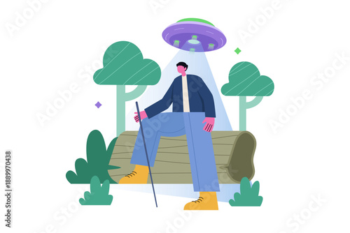 Mysterious UFO Abduction Flat Design Illustration
