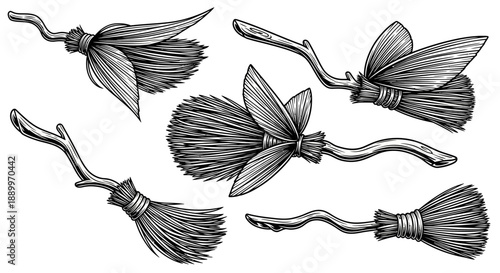 Collection of Whimsical Flying Brooms and Magical Wands in Retro Illustration Style