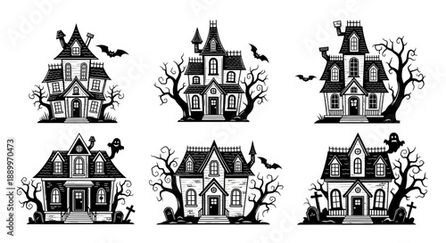 Spooky Haunted Mansions and Gothic Houses with Bats and Ghosts for Halloween