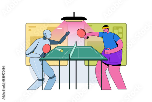 Human Playing Table Tennis with AI Robot Vector