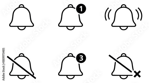 Line art notification bell icons set featuring various alert and mute states for user interface and mobile app design