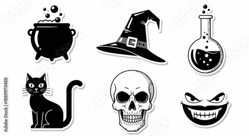 Set of Halloween Icons: Witch Hat, Cauldron, Black Cat, Skull, Potion, and Monster Face