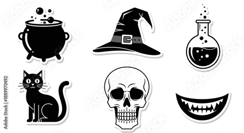 Halloween Icons Set: Witch Hat, Cauldron, Skull, Cat, Potion, and Scary Mouth