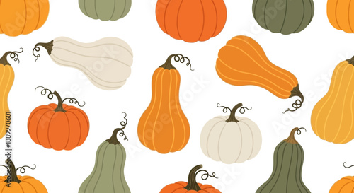 Seamless Pattern of Various Autumn Pumpkins and Gourds in Different Colors