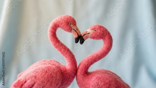 Two felt flamingo birds facing each other with necks forming a heart shape. Romantic animal couple for Valentines Day greeting card.