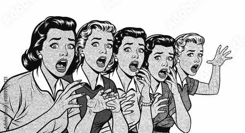 Retro Comic Style Women Shocked and Surprised Expressions in Vintage Pop Art