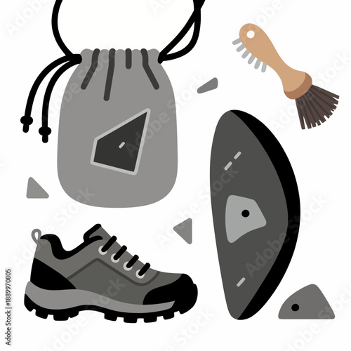 A modern and abstract collection of rock climbing essentials in a grayscale palette, including shoes, a chalk bag, and a brush, for a stylish, graphic design.
