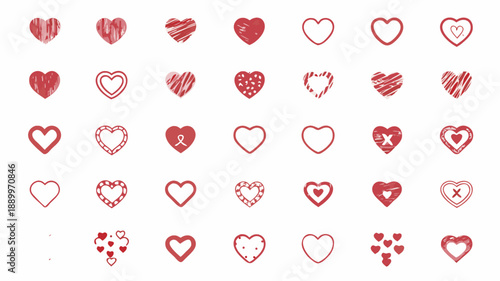 Collection of diverse hand drawn hearts in various styles and patterns