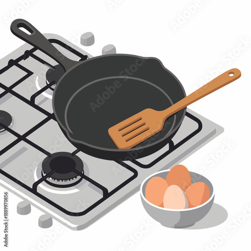 A simple and classic isometric illustration of a cast iron skillet on a gas stove with eggs, a timeless and versatile setup for a rustic, home-cooked breakfast.
