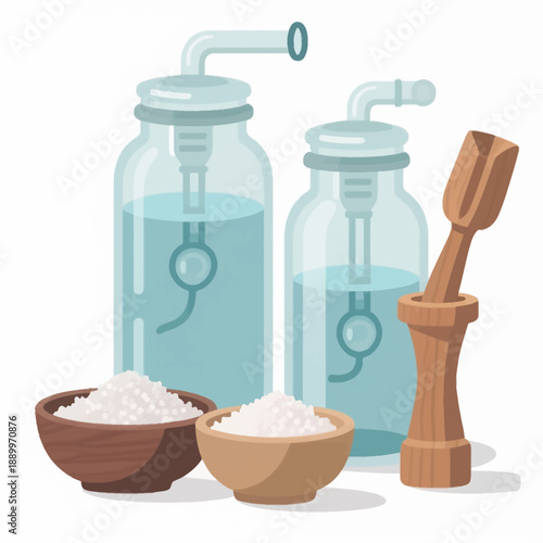 A charming and scientific illustration of a home fermentation station, with kombucha jars, starter, and tools, in a clean, modern, and educational style.
