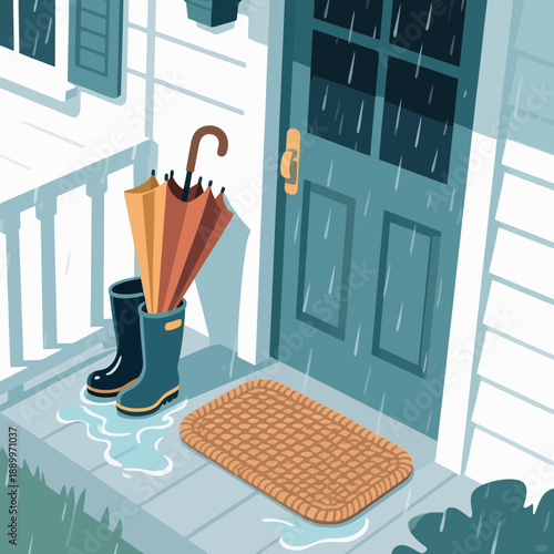 A cozy and charming cartoon illustration of a rainy day, with an umbrella and boots on the porch, creating a warm and welcoming "welcome home" atmosphere.
