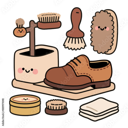 This complete leather shoe care kit features an adorable brown oxford shoe with various brushes and polishing supplies for professional footwear maintenance.