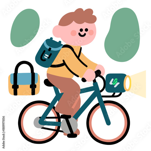 A cheerful kawaii boy rides a bicycle equipped with a front light and travel bags for an outdoor adventure or daily commuting through a scenic landscape.