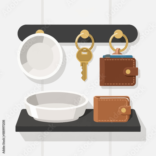 An organized entryway shelf featuring a wall-mounted rack for hanging car keys and a leather wallet next to ceramic bowls for home storage and organization.