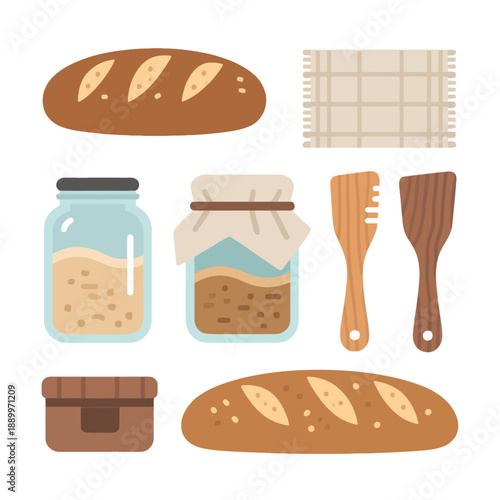 Rustic kitchen essentials featuring freshly baked loaves of bread alongside glass storage jars filled with ingredients and wooden cooking utensils for baking.