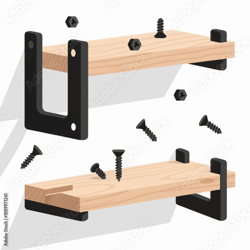 Exploded view of floating wooden wall shelves being installed with black metal brackets and screws, ideal for home organization and DIY interior design projects.