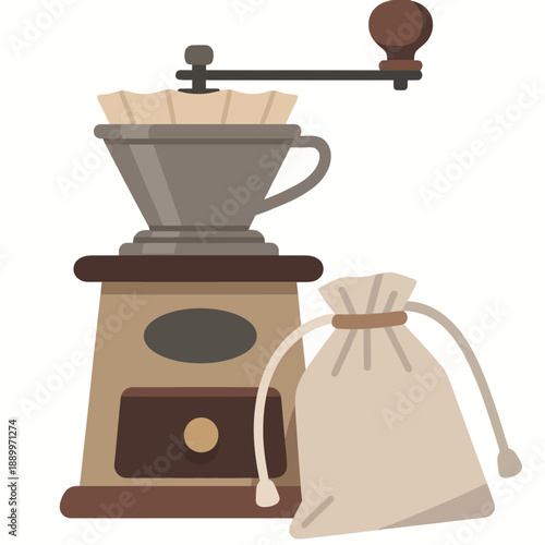 Hand-cranked manual coffee grinder sits beside a sack of fresh coffee beans, perfect for brewing a fresh cup of artisan coffee at home in the morning.
