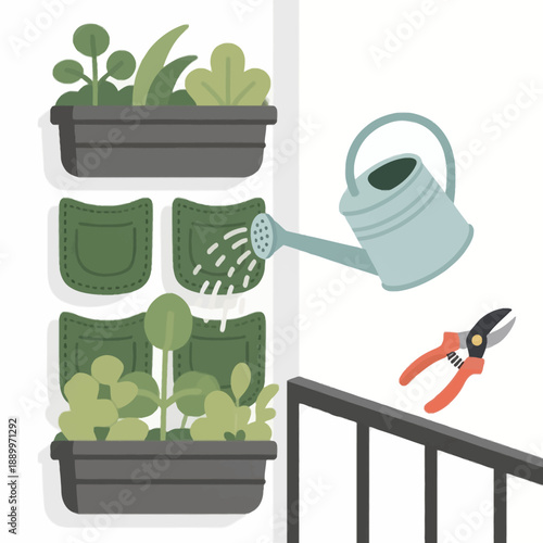 A vertical garden setup on a balcony featuring hanging planters and green plants, with a watering can pouring water and pruning shears ready for plant care.