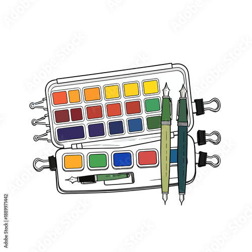 Professional artist watercolor paint set in a metal tin featuring various color pans, fine liner pens, and binder clips for an organized creative art studio.