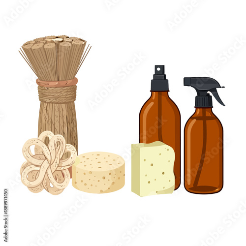 Collection of sustainable home cleaning and personal care items including a natural bamboo brush, loofah sponge, solid soap bars, and reusable amber spray bottles.